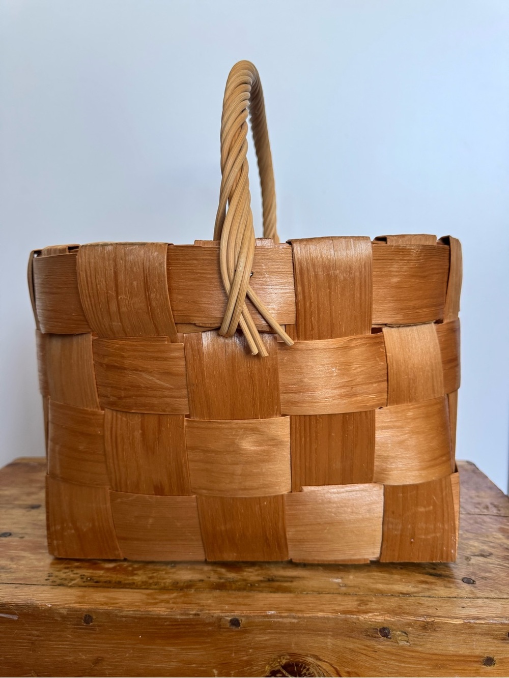 Vintage Market Woven wood basket with woven rope style handle